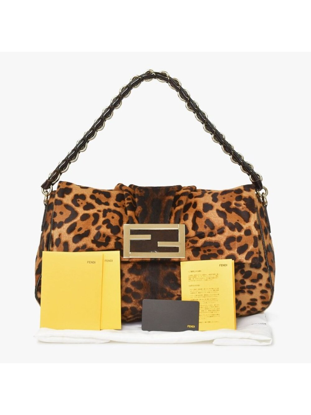 Fendi Shoulder Bag Mamma Baguette Silver Leopard Leather Calf Hair
